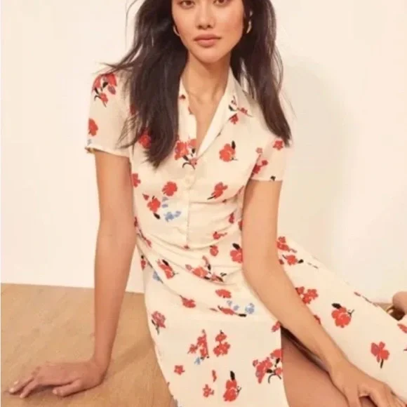 Reformation - Sheila Georgette Floral Print Midi Button Down Dress - Size 8 - Picture 2 of 14
